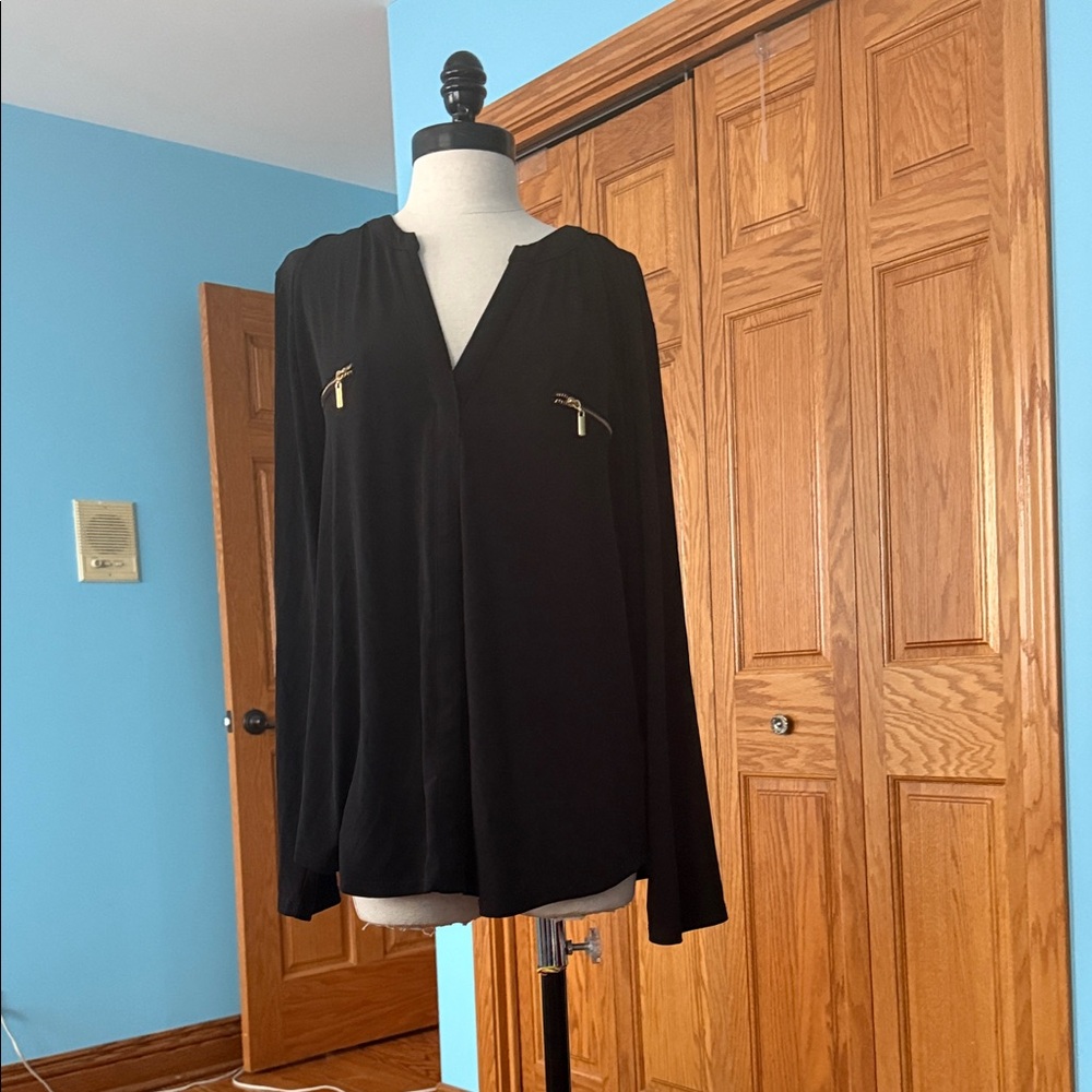 INC International Concepts Black Blouse with Gold Accents